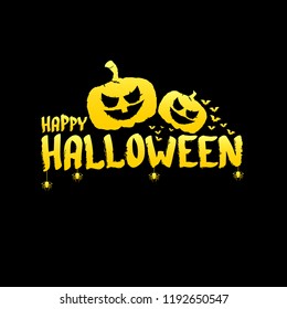 Happy Halloween text Banner. Vector halloween calligraphic text golden label with scary pumpkin isolated on black