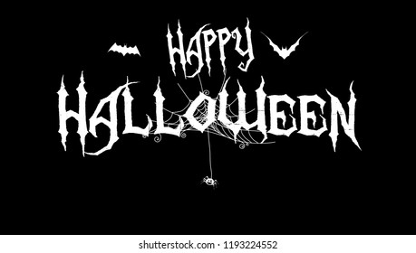 Happy Halloween Text Banner Vector With Bats And Spider Webs Black Background