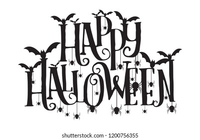 Happy Halloween Text Banner, Vector Font with bat and spider.