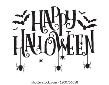 Happy Halloween Text Banner, Vector Font with bat and spider.