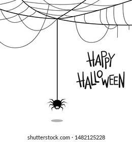 Happy Halloween Text Banner. Vector lettering. Holiday calligraphy with spider and web for banner, poster, greeting card, party invitation. Isolated. Vector stock illustration, EPS 10.