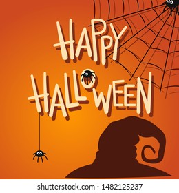 Happy Halloween Text Banner. Vector lettering. Holiday calligraphy with spider and web for banner, poster, greeting card, party invitation. Isolated. Vector stock illustration, EPS 10.