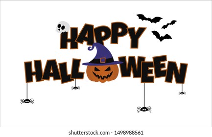 Happy Halloween text banner. Vector illustration with pumpkin in witch hat, bats, hanging spiders for poster, greeting card, party invitation. Isolated illustration
