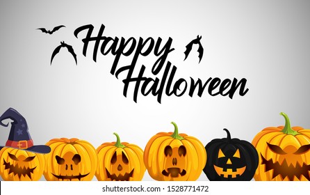 Happy Halloween Text Banner . Vector Happy Halloween Poster . With bat silhouette and Pumpkin faces . Halloween vector ilustration 