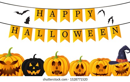 Happy Halloween Text Banner . Vector Happy Halloween Poster . With bat silhouette and Pumpkin faces . Halloween vector ilustration 