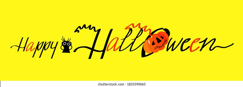 Happy Halloween text banner, vector image on yellow background. Handwritten lettering, hand drawn decorative design elements