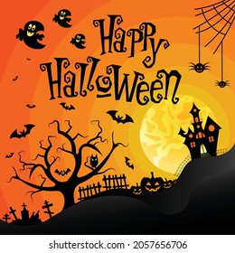 Happy Halloween Text Banner, Vector, Orange background, black pumpkins. Can be used as a poster or greeting card.