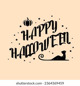 Happy Halloween Text Banner, Vector Font with cat, pumpkin and colorful stars on text.