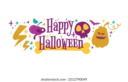 Happy Halloween Text Banner. Vector autumn holidays card with lettering and magic elements.