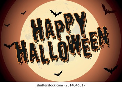 Happy Halloween Text Banner vector Illustration on a Halloween background with bats and moon