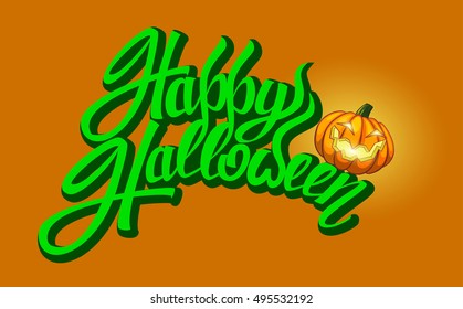 Happy Halloween Text Banner, vector.   Halloween inscription green on an orange background.