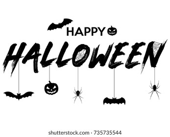 Happy Halloween text banner. Vector illustration of Halloween signs and symbols on white background.