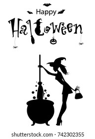 Happy halloween text banner, vector, card. Monochrome template of witch with boiling cauldron and text decorated with spiders, cat, jack, witch hat and bats on white background.