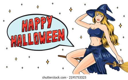 Happy Halloween text banner with witch flying on broom