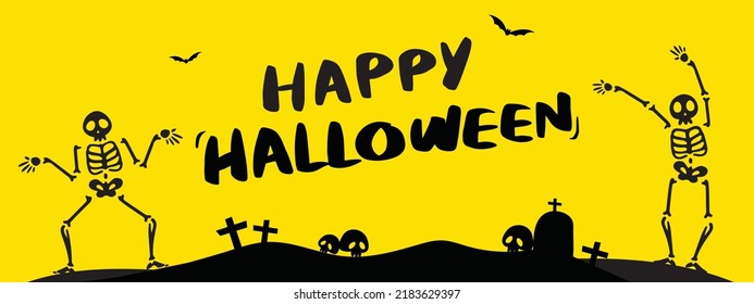 Happy Halloween Text Banner. Yellow Square Banner. Skeletons and Skull Halloween Party. October Event, Trick or Treat. Hey Boo, Welcome to the Halloween Party Black Yellow Banner. Illustration Vector