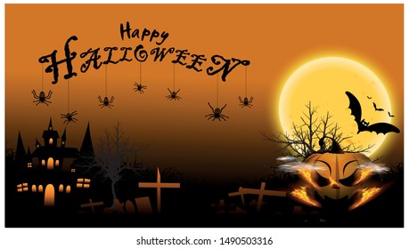 Happy Halloween Text Banner-Head Pumpkins-modern design Idea and Concept  Vector illustration   with Castle,tree,grass,moon,
Graves.