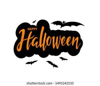 Happy Halloween text banner.Isolated vector illustration. Hand drawn lettering with  bat for banner, poster, greeting card, party invitation. 