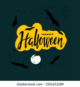 Happy Halloween text banner.Isolated vector illustration. Hand drawn lettering with spider, web and bat for banner, poster, greeting card, party invitation. 