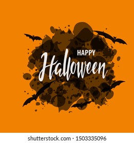 Happy Halloween text banner.Isolated vector illustration. Hand drawn lettering with bat for banner, poster, greeting card, party invitation. 