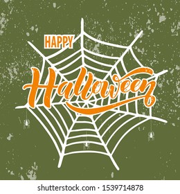 Happy Halloween text banner.Isolated vector illustration. Hand drawn lettering with spider, web and bat for banner, poster, greeting card, party invitation. 