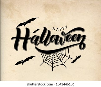 Happy Halloween text banner.Isolated vector illustration. Hand drawn lettering with spider, web and bat for banner, poster, greeting card, party invitation. 
