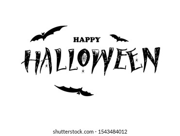 Happy Halloween text banner.Isolated vector illustration. Hand drawn lettering with spider, web and bat for banner, poster, greeting card, party invitation. 