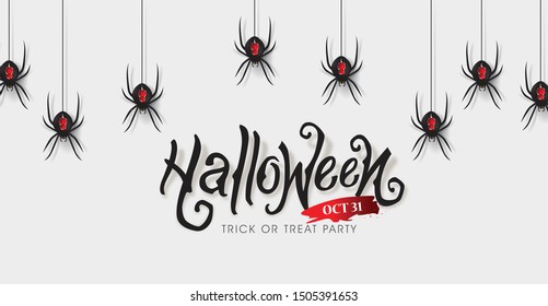 Happy Halloween text banners party invitation background.Realistic hanging spiders Vector illustration .