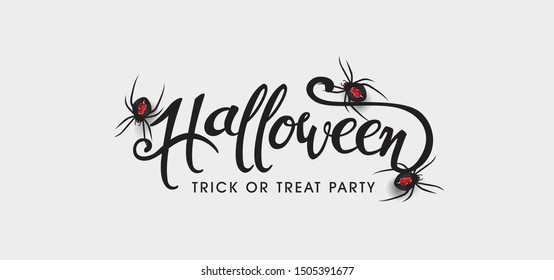 Happy Halloween text banners party invitation background.Realistic spiders Vector illustration .