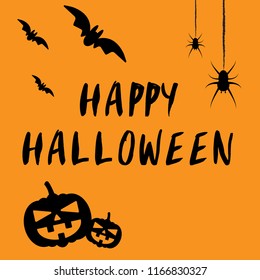 Happy Halloween Text with Bat, Pumpkin and Spider as Background, Happy Halloween Text Banner, Vector illustration.