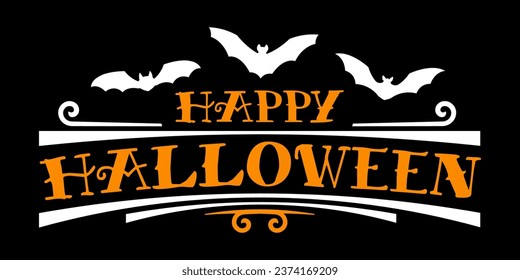 Happy Halloween text with bats. Scary font design. Halloween banner, poster, greeting card design template with black background. Vector illustration.