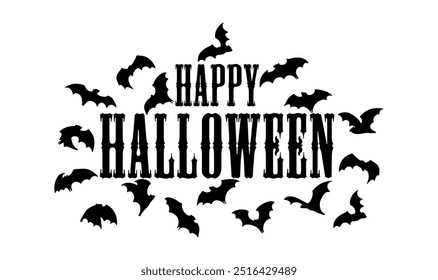 Texto feliz de Halloween con murciélagos negros aislados sobre fondo transparente. Para cartas, Sitios web, Anuncio, póster, publicidad. Murciélagos para vacaciones de noche de terror. Murciélagos vampiros voladores negros de Halloween.