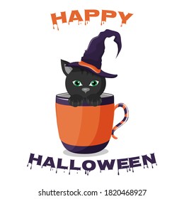 Happy halloween text, black cat in a witch hat sitting in a cup, vector illustration.