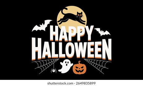 Happy halloween text with black cat jumping over moon and spooky decorations silhouette