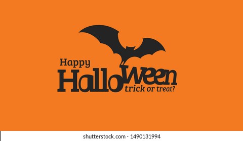 Happy Halloween text with black silhouette of flying bat. Trick or treat text. Isolated Design for halloween event, promo, logo, banner, monogram and poster. Vector illustration.