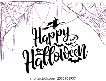 Happy Halloween Text with Broom, Ghost, and Bats, Spider Web Border in Background, Spooky Festive Design, Eerie Typography, Perfect for Cards, Decorations, and Celebrations, Create Haunting Atmosphere