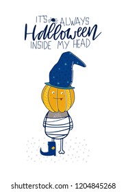 Happy Halloween Text card. Greeting cards with handwritten lettering and Halloween characters.Vector