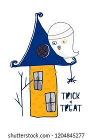 Happy Halloween Text card. Greeting cards with handwritten lettering and Halloween characters.Vector
