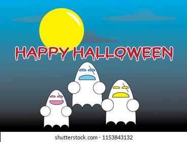 Happy Halloween text with cartoon ghosts on a blue night and the moon.