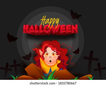 Happy Halloween Text with Cartoon Witch Character, Bats Flying and Tombstones on Dark Grey Background.