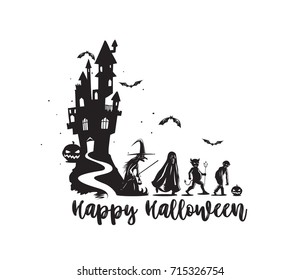 Happy halloween text, celebration, festival, scary, witch, devil, night, bat, horror, fear, vector illustration