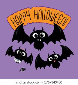 Happy Halloween text with cute bat family on purple backgound. Good for poster, banner, invitation, greeting card, textile print.