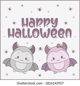 Happy Halloween text and cute bats drawing with spiders and stars