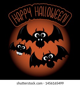Happy halloween text, cute little flying bat family. Smiling face, hand drawn. Orange background, happy and funny. Vector illustration.