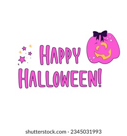 Happy Halloween Text with cute pink smily pumpkin and stars. Cute pink halloween pumpkin with purple bow on the head, poster sticker for traditional halloween celebration