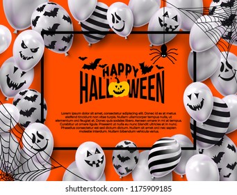 Happy halloween text design banner. Ghost Balloons. Scary air balloons. Vector illustration. Isolated on orange background.