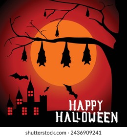 Happy Halloween text design, bats, moon night, banner design on dark red background, Eps 10 vector illustration.