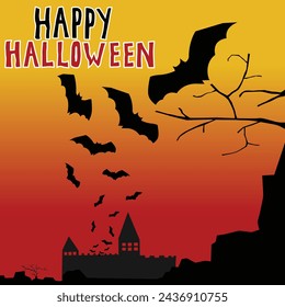 Happy Halloween text design, bats, moon night, banner design on dark red background, Eps 10 vector illustration.