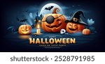 Happy Halloween text design, celebrate festival, 31october, pumpkins, ghost, bat flying, candle, moonnight, banner design on dark blue background, Eps 10 vector illustration 