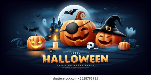 Happy Halloween text design, celebrate festival, 31october, pumpkins, ghost, bat flying, candle, moonnight, banner design on dark blue background, Eps 10 vector illustration 