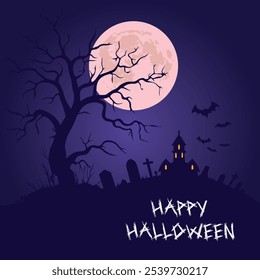 Feliz diseño de texto de Halloween, celebre el festival, 31 de octubre, fantasma, murciélago volando, noche de la luna, diseño de Anuncio sobre fondo púrpura oscuro, Eps 10, todas las capas son individuales para cualquier personalización. 

